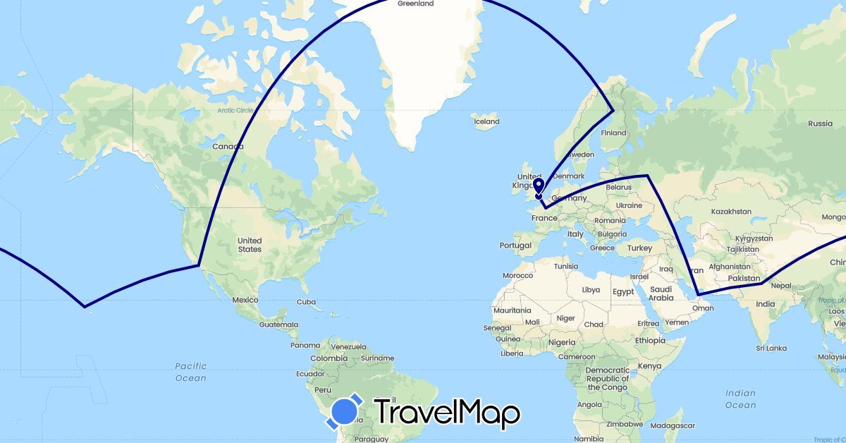 TravelMap itinerary: driving in United Arab Emirates, Finland, France, United Kingdom, India, Russia, United States (Asia, Europe, North America)